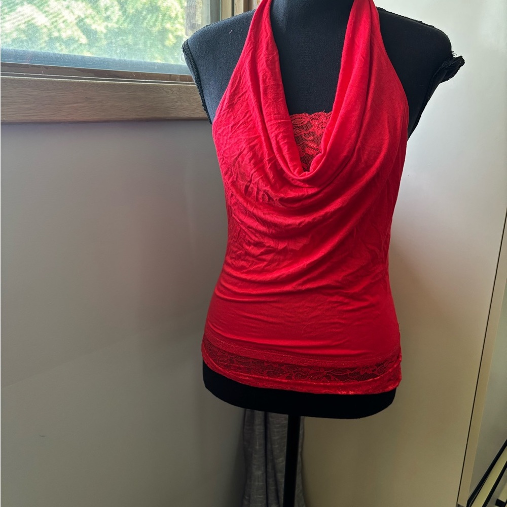 Source Unknown Red Lace Cowl Neck Tank Top